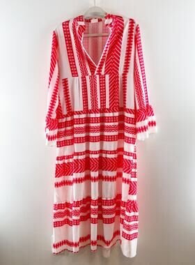 Silk & Salt V Neck Aztec Long Sleeve Midi Dress Red White Medium